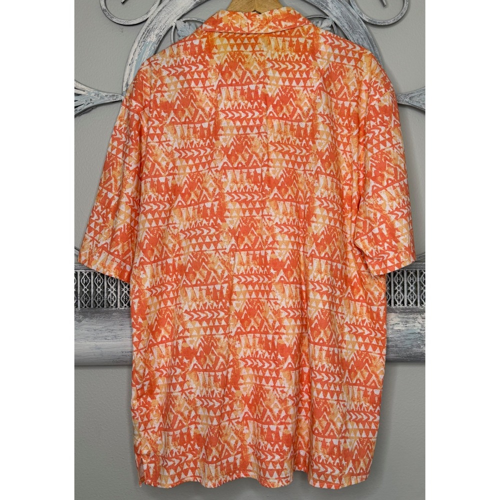 TRUST Mens XL Linen Blend Short Sleeve Button Down Shirt Orange Tribal Geometric - Picture 3 of 7